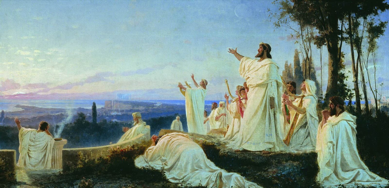 Men in white robes on a hillside at dawn, one raising his arm to the rising sun while others play lyres and kneel.
